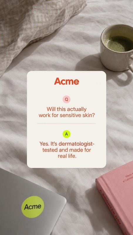 flat lay product photo: A cream-colored Q&A card with red and lime typography rests on rumpled white bedding beside a mug of green tea, a pink book and a lapto…