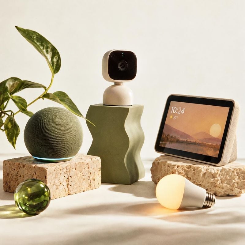 smart home devices and accessories electronics product photo: A coordinated collection of smart-home devices and a glowing bulb is artfully arranged on stone p…