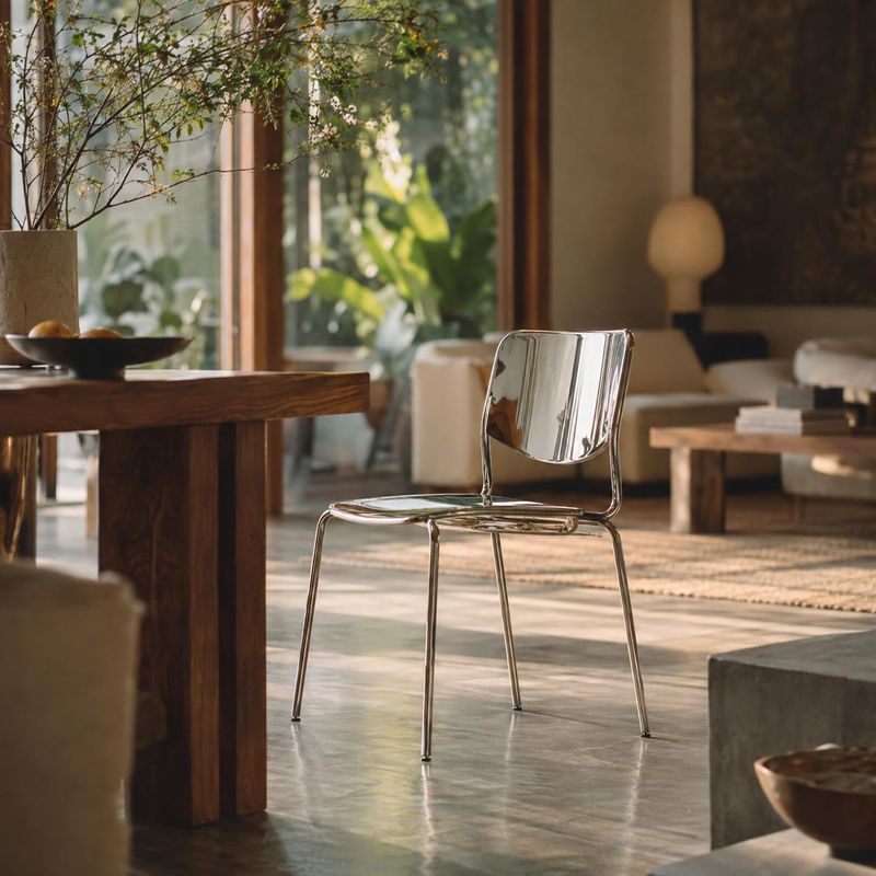 metal chair room set product photo: A reflective metal chair is featured in a warm, softly sunlit living space among wood furniture, greenery, and natural text…