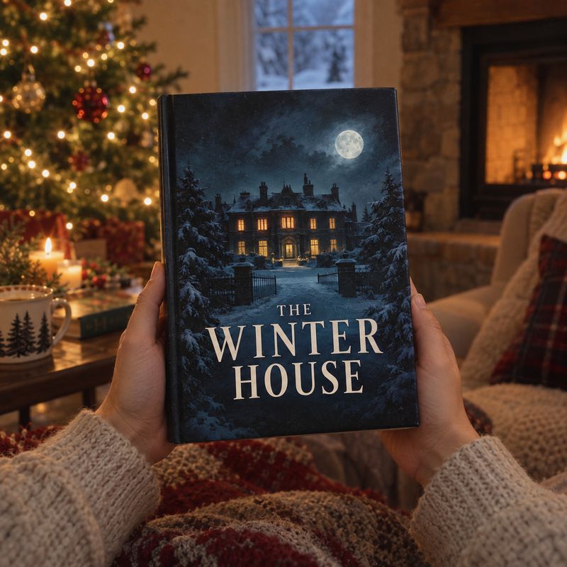 hardcover book christmas product photo: A person in a chunky knit sweater holds a dark, wintry hardcover book in a warmly lit living room with a decorated Chri…