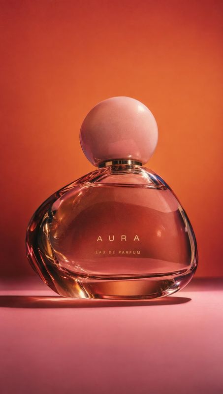 perfume bottle beauty product photo: A sculptural glass perfume bottle with a pink spherical cap sits centered on a warm orange-to-pink studio backdrop, lit wi…