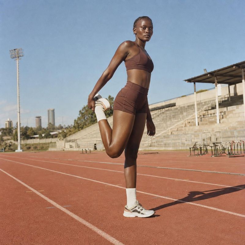 athletic apparel and running shoes action & motion product photo: An athlete in a coordinated brown sports bra and shorts stretches on a red running track, wea…