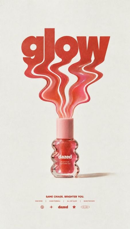 lip gloss packshot product photo: A sculptural pink gloss bottle sits on a pale studio surface beneath oversized red lettering that flows into wavy, liquid-lik…