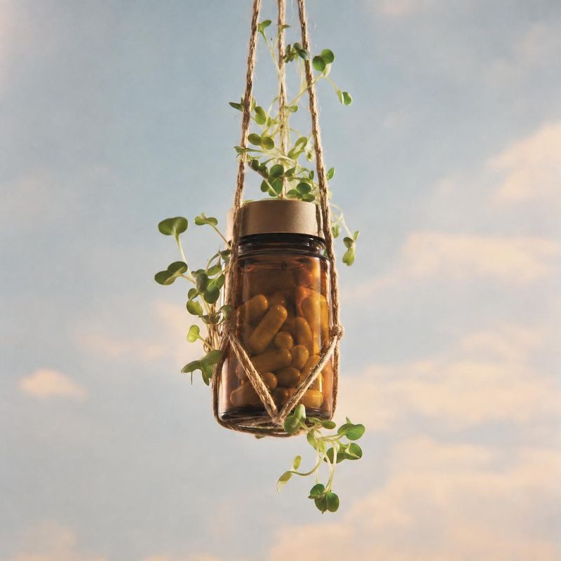 supplement bottle personal care product photo: An amber bottle of capsules hangs in a rope sling among green leaves against a softly lit, clouded sky, creating…