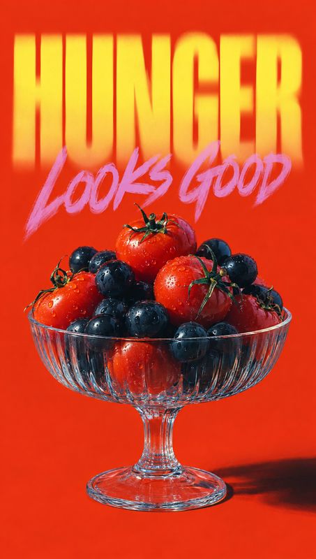 fresh tomatoes and berries ingredients product photo: A glass compote piled with glossy tomatoes and dark berries sits against a vivid red studio backdrop bene…