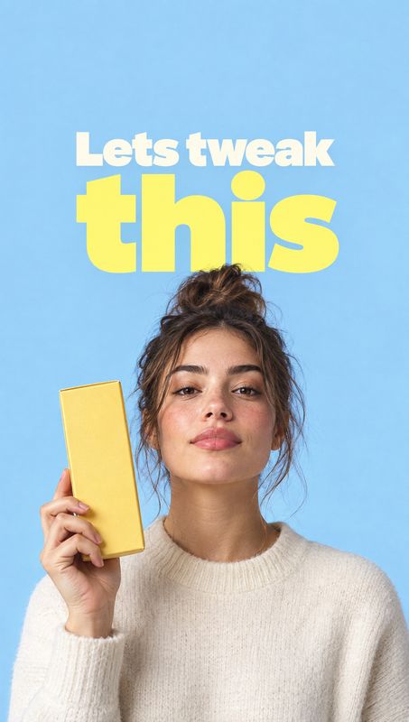 yellow cosmetic box product in hand product photo: A woman in a white knit sweater holds a bright yellow cosmetic box against a clean blue studio backdrop, ben…