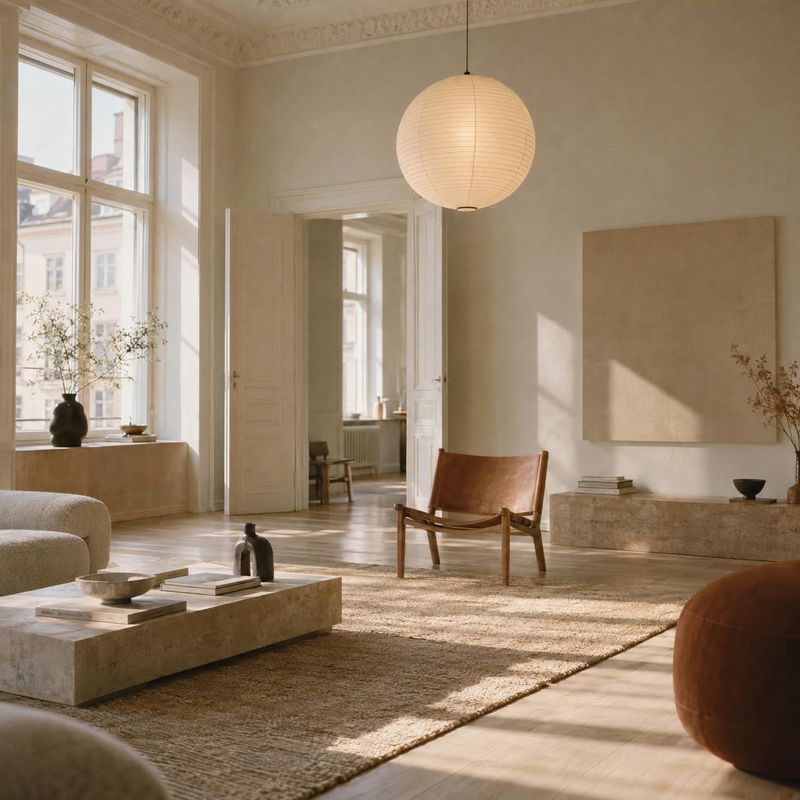 interior space product photo: A softly lit, neutral-toned living room pairs sculptural furniture and natural textures with warm afternoon sunlight for a calm,…