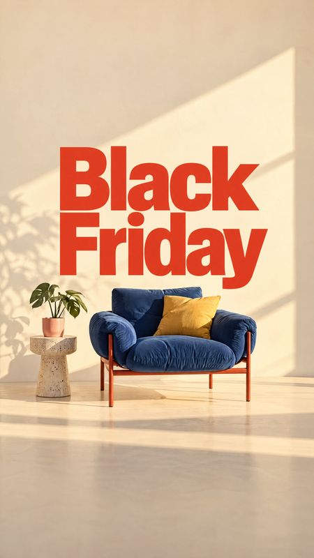 blue upholstered armchair room set product photo: A navy upholstered armchair with a mustard cushion and a small potted plant sits in a sunlit minimalist room…