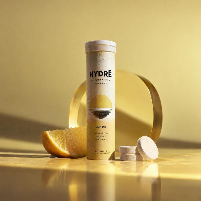 lemon electrolyte tablets texture / swatch product photo: A tube of lemon electrolyte tablets stands with a lemon wedge and loose tablets on a reflective surfa…