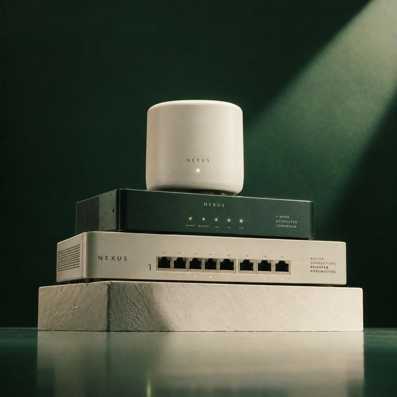 networking equipment electronics product photo: A coordinated stack of cream and deep-green networking devices sits on a stone plinth against a dark green stud…