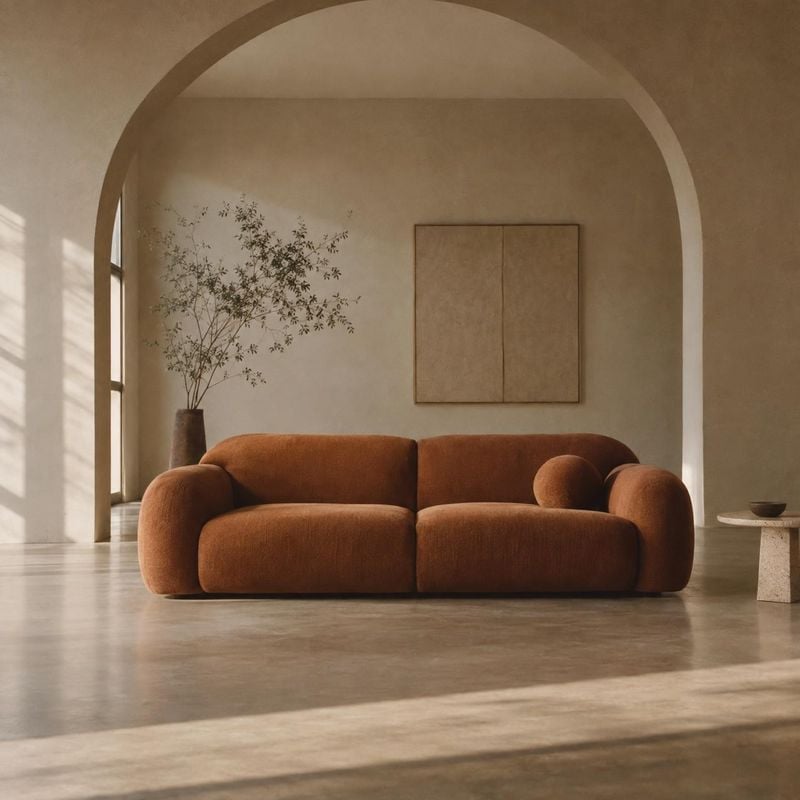 sofa interior space product photo: A sculptural rust-colored sofa anchors a serene, minimalist interior, with warm natural light falling across arched architec…