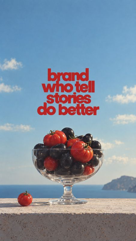 tomatoes ingredients product photo: A glass bowl piled with red tomatoes and dark fruit sits on a stone ledge above the sea, beneath bold red slogan typography…