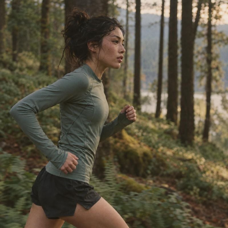 running apparel action & motion product photo: A woman in a muted long-sleeve running top and black shorts runs through a forest, captured in soft natural ligh…