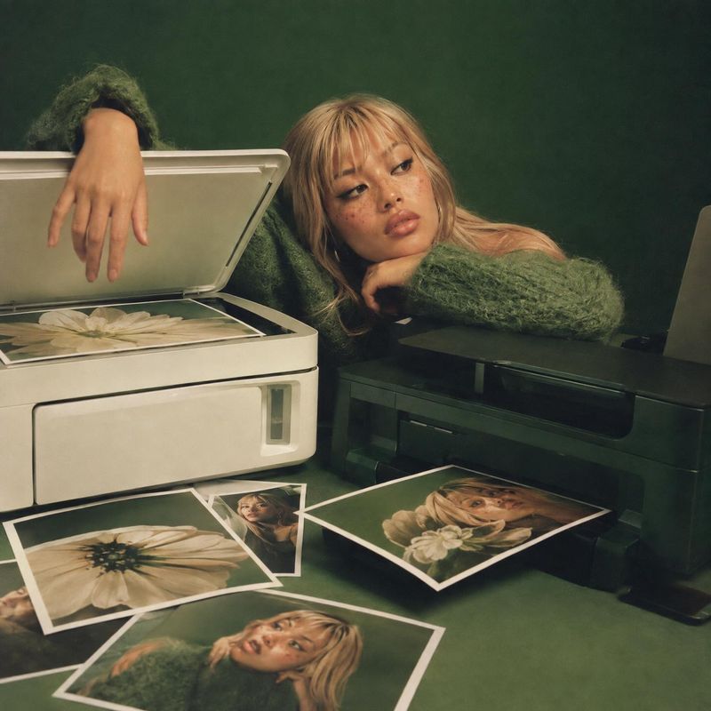 photo printer lifestyle scene product photo: A blonde model in a textured green sweater leans beside a photo printer and scattered floral portraits, with muted…