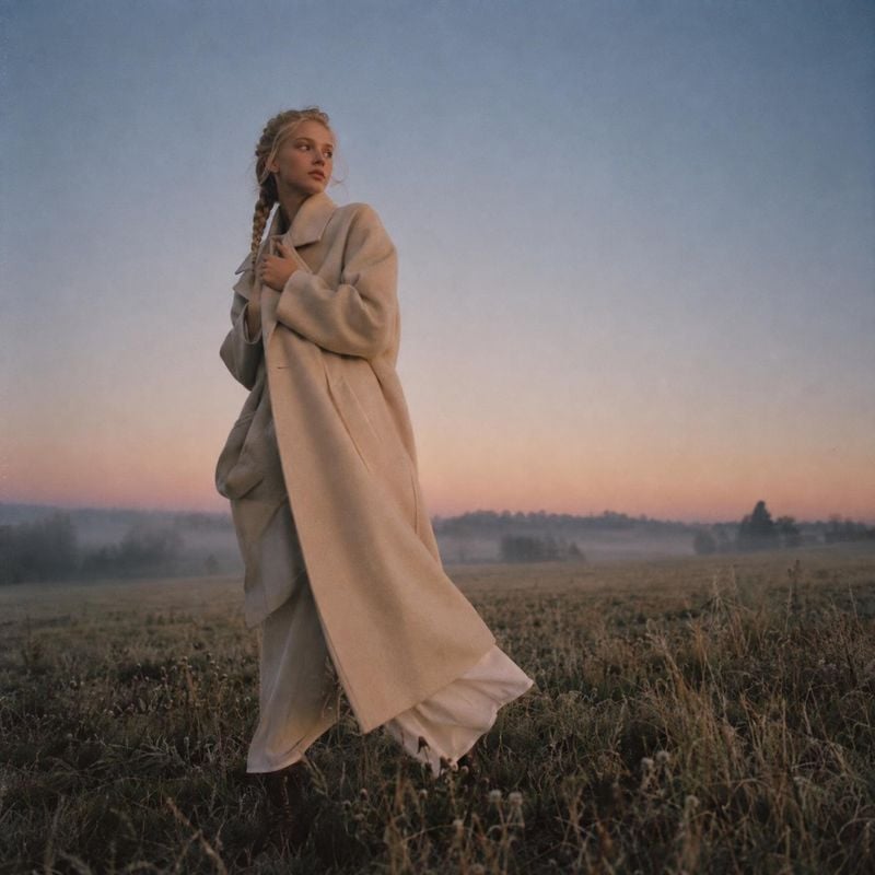 long beige coat action & motion product photo: A woman in a flowing beige coat and loose trousers stands in a misty field at dusk, with soft pastel light and o…