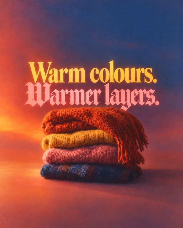folded knitwear autumn product photo: A stack of colorful chunky knitwear sits against a dramatic sunset-toned backdrop, with bold warm-colored lettering givin…