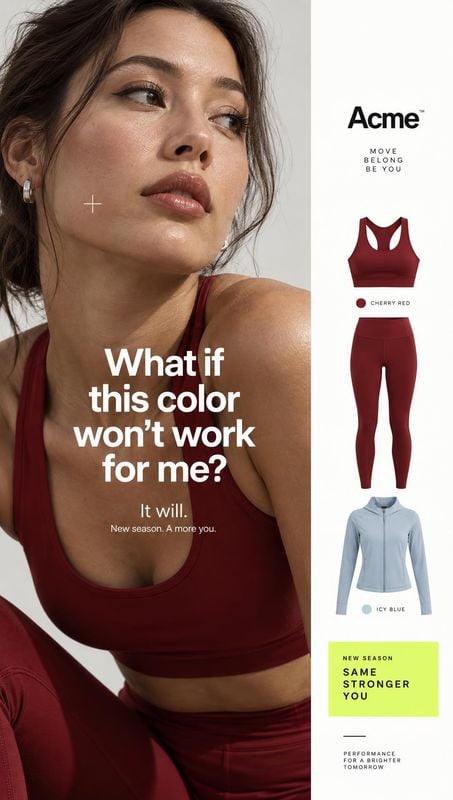 women's athletic wear ghost mannequin product photo: A woman models a cherry-red athletic outfit in a close, softly lit studio portrait beside a clean product-…