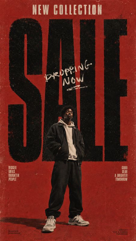 streetwear outfit black friday product photo: A male model in a dark streetwear outfit stands against a distressed red backdrop, framed by oversized black lett…