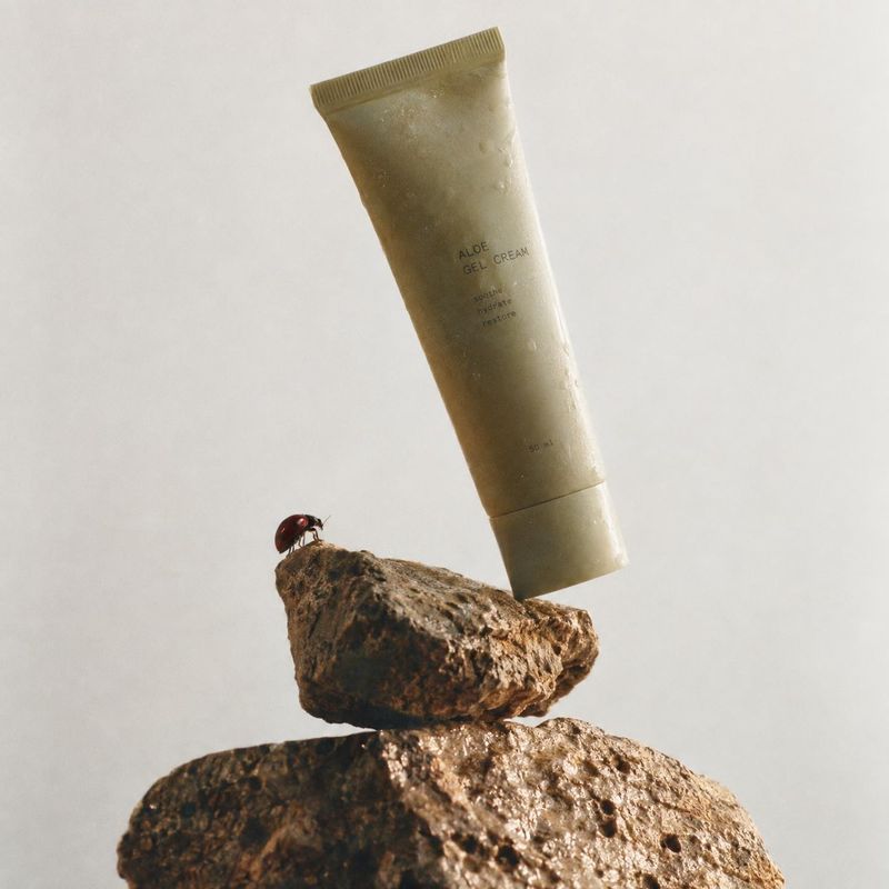 aloe gel cream floating product product photo: A pale aloe gel cream tube appears to float above rugged rocks beside a tiny ladybug, lit softly against a warm…