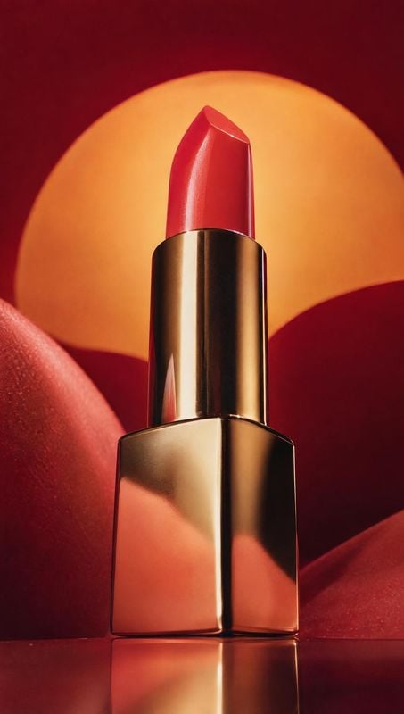 lipstick close-up detail product photo: A vivid coral-red lipstick in a reflective gold tube stands centered against sculptural red and orange shapes, lit warm…