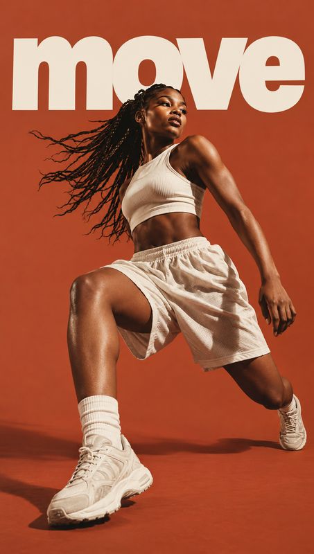 athletic outfit and sneakers action & motion product photo: An athlete in a white sports bra, loose shorts, socks and sneakers strikes a dynamic pose against a…