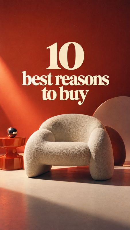 upholstered accent chair black friday product photo: A sculptural cream upholstered chair sits in a warm rust-colored studio interior, styled with a small side…