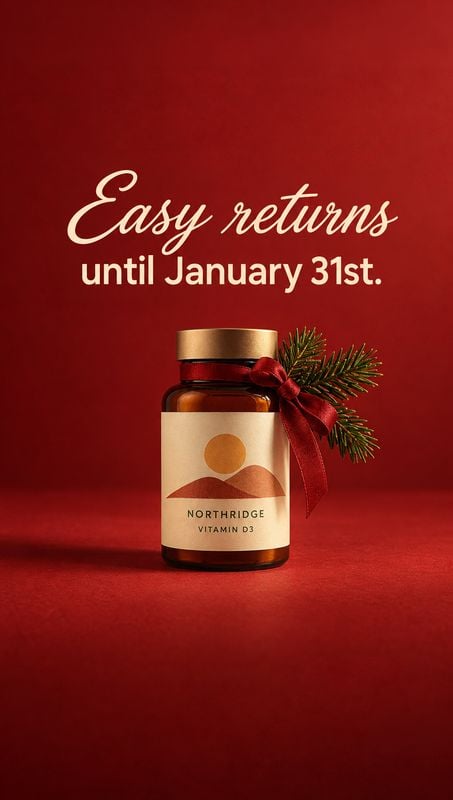 Vitamin D3 supplement bottle personal care product photo: An amber Vitamin D3 bottle tied with a red ribbon and evergreen sprig sits against a rich red studio…
