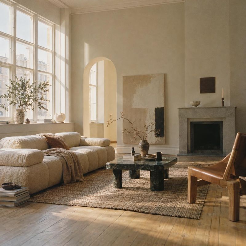 living room furniture interior space product photo: A softly sunlit living room pairs a low cream sectional and sculptural coffee table with warm wood, natural…