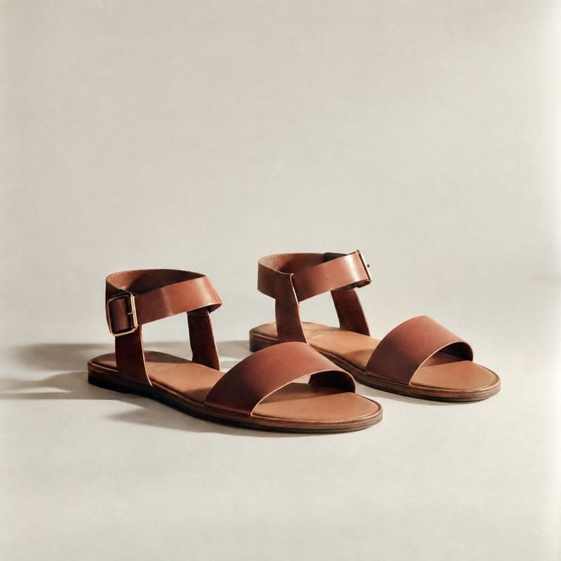 leather sandals fashion product photo: A pair of brown leather sandals is arranged on a pale seamless studio surface, softly lit with ample open space above an…