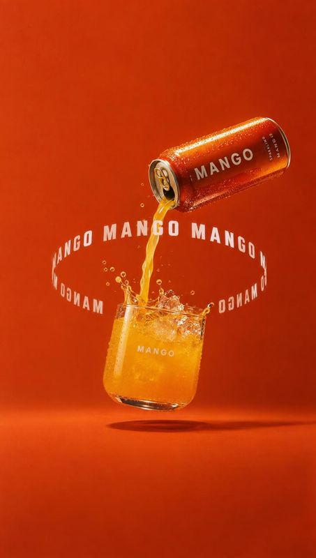 mango canned drink splash / pour product photo: A mango drink pours from a tilted can into a floating glass against a vivid orange studio backdrop, with bubble…
