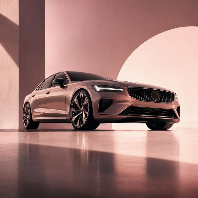 sedan vehicle exterior product photo: A sleek rose-toned sedan is shown from a low front three-quarter angle in a geometric studio set, with soft pink light an…