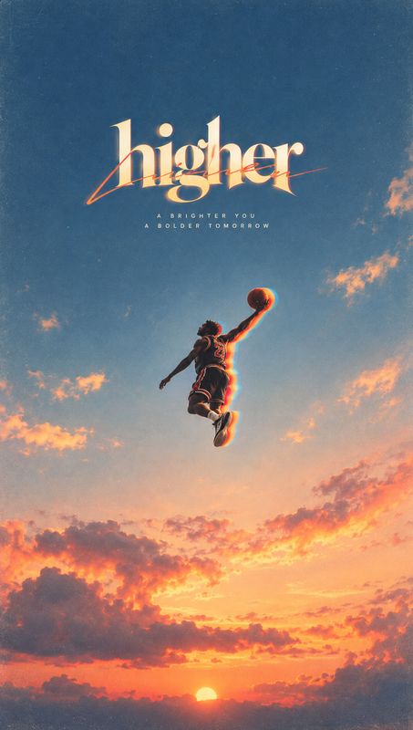 action & motion product photo: A silhouetted basketball player leaps toward the hoop against a dramatic sunset sky, beneath large golden “higher” lettering and…