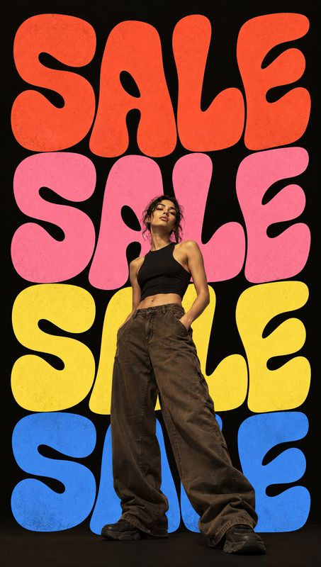 casual apparel black friday product photo: A fashion model in a black crop top and loose brown trousers stands against oversized colorful SALE lettering on a b…