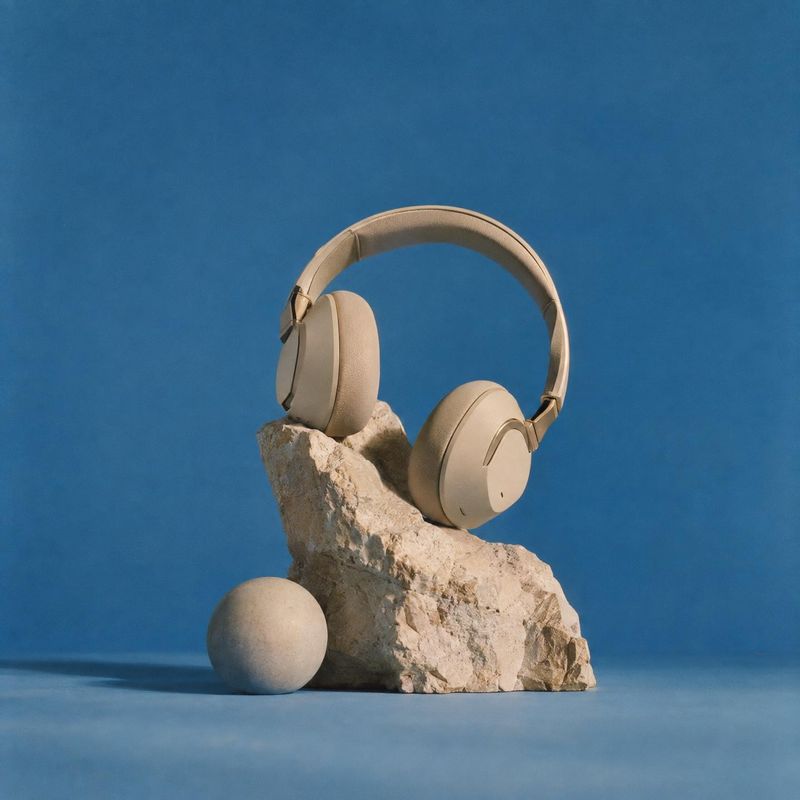over-ear headphones electronics product photo: Beige over-ear headphones rest on a rough stone with a small spherical prop against a blue studio backdrop, lit…