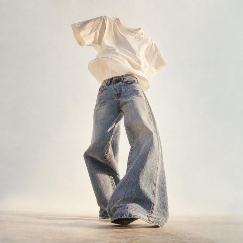white T-shirt and wide-leg jeans ghost mannequin product photo: A white T-shirt and loose, faded blue jeans appear suspended in a softly lit neutral studio, cr…