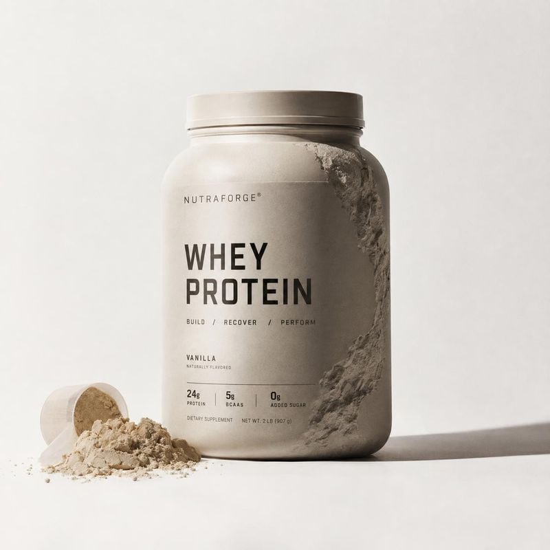 whey protein powder personal care product photo: A neutral-toned tub of vanilla whey protein stands beside a scoop and spilled powder on a pale studio surface,…