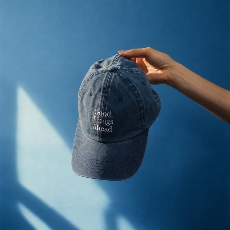 embroidered baseball cap product in hand product photo: A hand presents a slate-blue embroidered cap against a vivid blue studio backdrop, with angled sunlight…