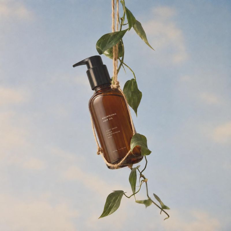 hair oil floating product product photo: An amber hair-oil bottle hangs among trailing green leaves against a softly clouded blue sky, with warm natural light…