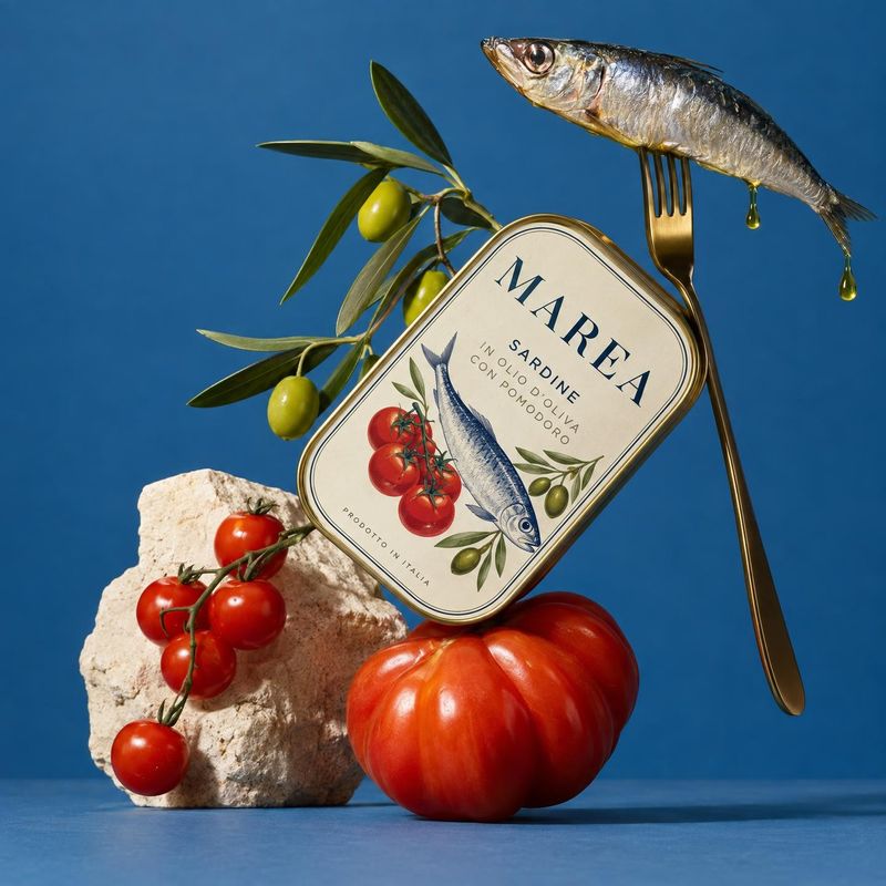 canned sardines ingredients product photo: A sardine tin is styled with fresh tomatoes, olives, and a fish poised on a fork against a vivid blue studio backdro…