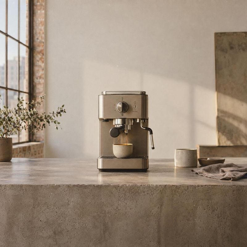 espresso machine lifestyle scene product photo: A stainless-steel espresso machine sits on a concrete kitchen counter beside ceramic cups and a folded cloth, l…
