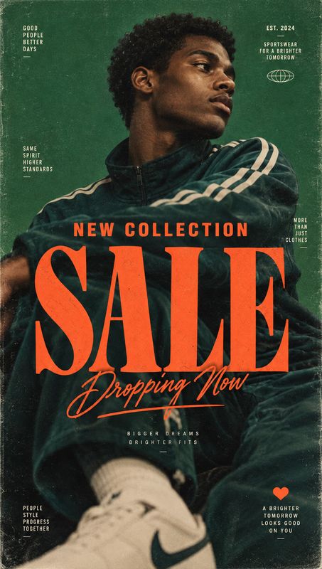 sportswear outfit and sneakers black friday product photo: A male model in a dark striped tracksuit and Nike sneakers poses against a textured green backdrop,…