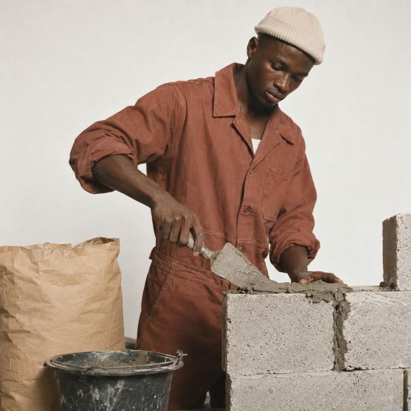 workwear coverall action & motion product photo: A man in a rust-colored workwear coverall and cream knit cap lays concrete blocks against a pale studio backdr…
