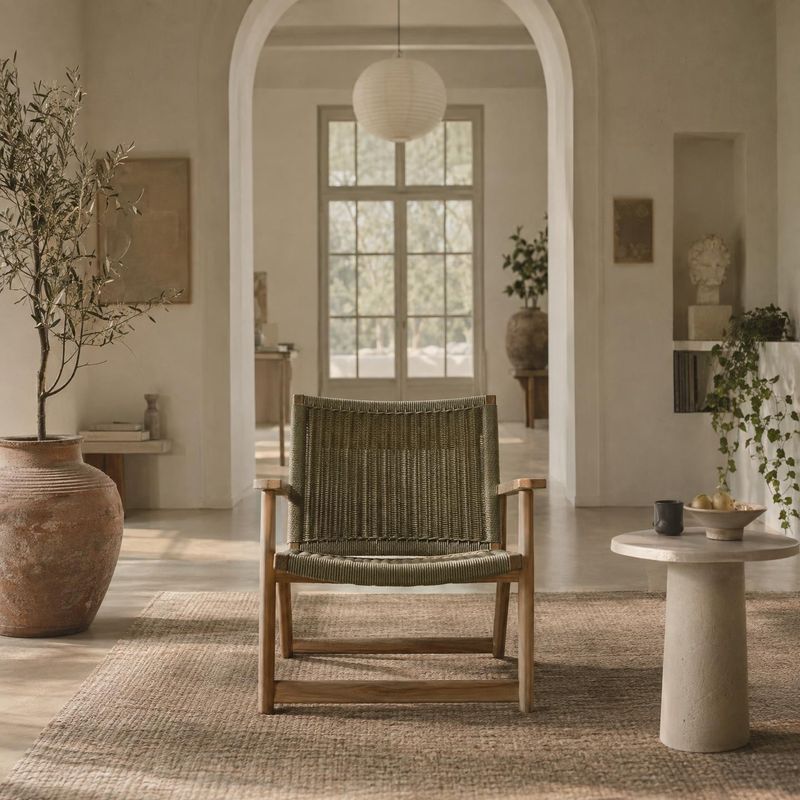 woven lounge chair interior space product photo: A woven lounge chair sits centered in a serene, warm-toned interior with natural textures, soft daylight, and…