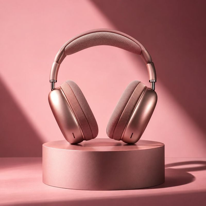 over-ear headphones electronics product photo: Rose-gold over-ear headphones sit on a cylindrical pedestal against a pink studio backdrop, lit with crisp direc…
