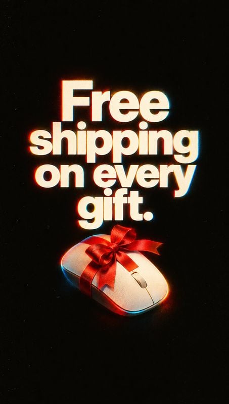 computer mouse electronics product photo: A white computer mouse wrapped like a gift with a red ribbon glows beneath bold cream lettering on a black background…