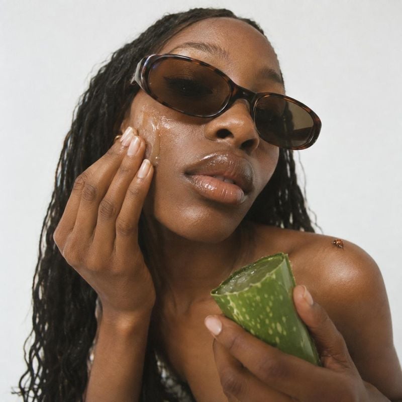 aloe vera leaf beauty close-up product photo: A woman in dark sunglasses presses aloe gel to her cheek while holding a fresh aloe leaf against a softly lit whi…