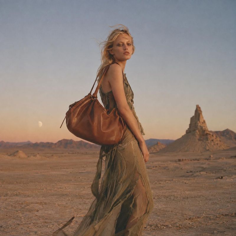 leather shoulder bag action & motion product photo: A woman in a flowing earth-toned dress carries a large leather shoulder bag across a quiet desert landscape…