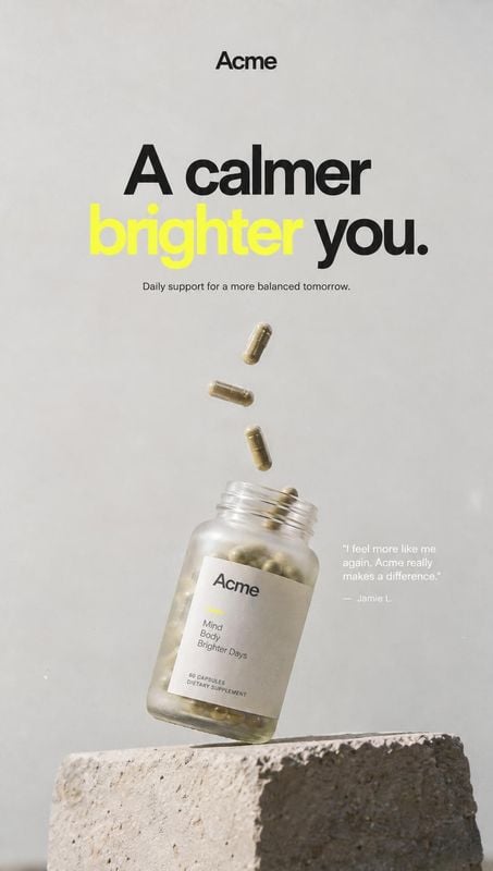 dietary supplement capsules floating product product photo: A supplement bottle and floating capsules are arranged above a rough stone block against a softly l…