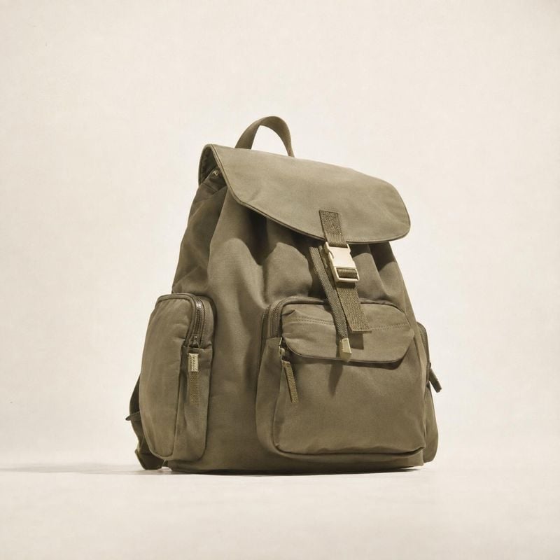 canvas backpack fashion product photo: An olive canvas backpack stands alone against a warm off-white studio backdrop, softly lit with generous open space arou…