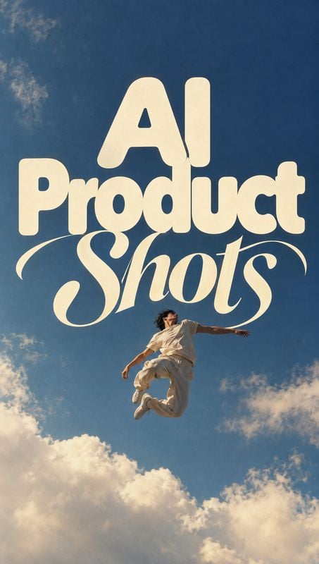 action & motion product photo: An adult man in loose cream clothing leaps against a deep blue sky and soft clouds, beneath oversized cream display lettering re…